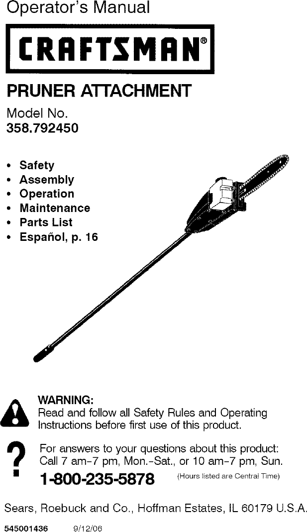 Craftsman 358792450 User Manual POLE PRUNER ATTACHMENT Manuals And