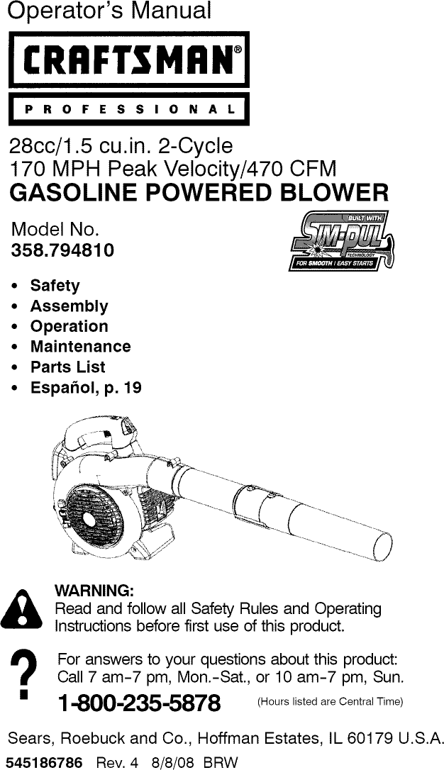 Craftsman 358794810 User Manual BLOWER Manuals And Guides L0812628
