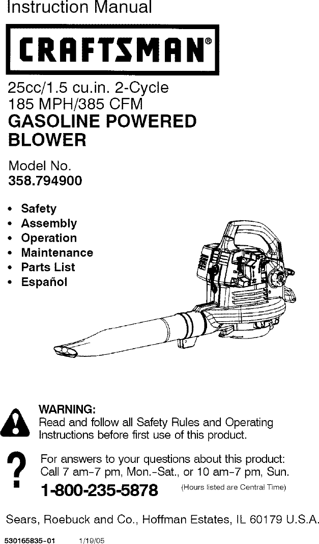 Page 1 of 12 - Craftsman 358794900 User Manual  BLOWER - Manuals And Guides L0504501
