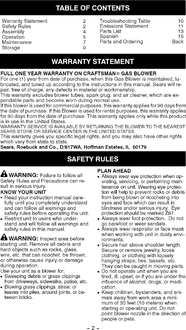 Page 2 of 12 - Craftsman 358794900 User Manual  BLOWER - Manuals And Guides L0504501