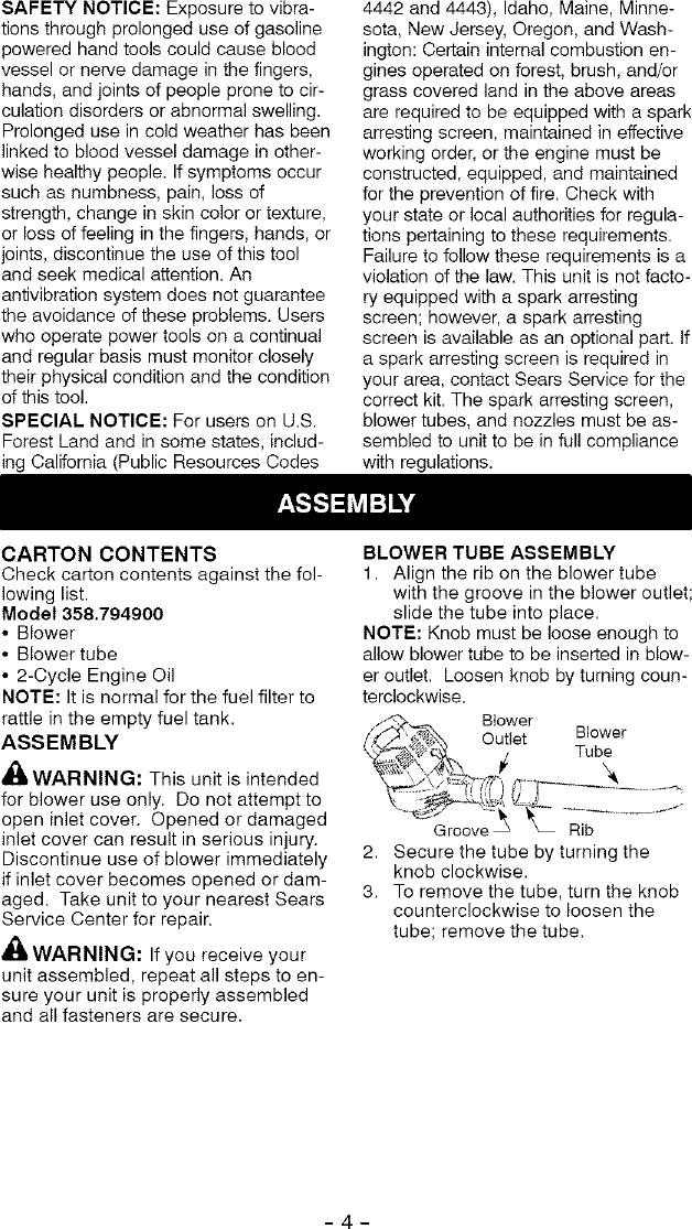 Page 4 of 12 - Craftsman 358794900 User Manual  BLOWER - Manuals And Guides L0504501