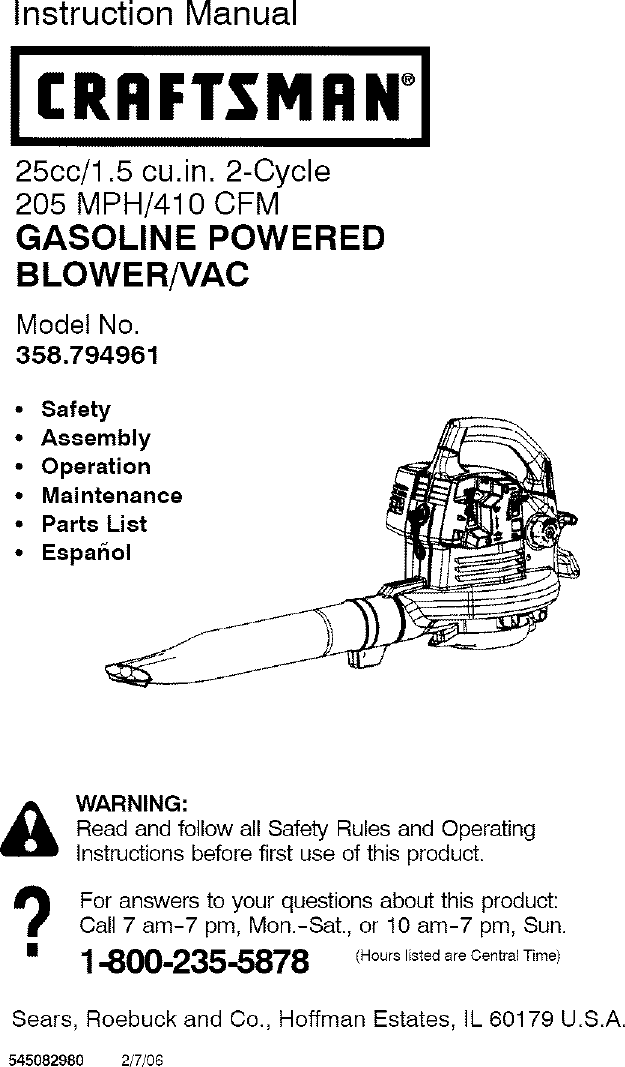 Craftsman 358794961 User Manual BLOWER/VAC Manuals And Guides L0808115