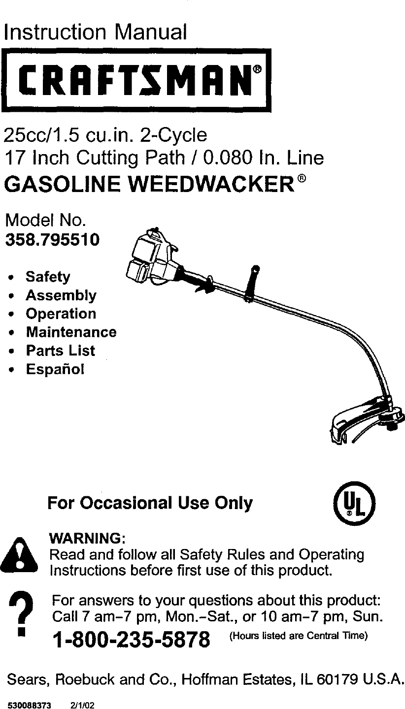 Craftsman 358795510 User Manual SEARS GAS WEEDWACKER Manuals And Guides