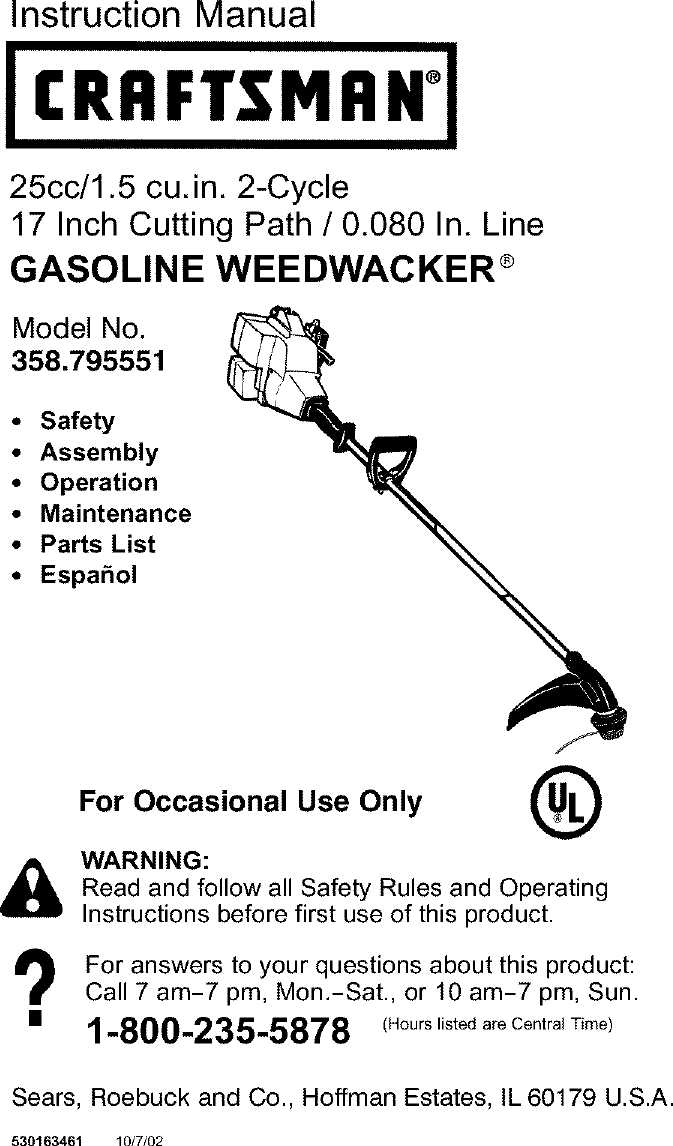 Craftsman 358795551 User Manual GAS WEEDWACKER Manuals And Guides L0212086