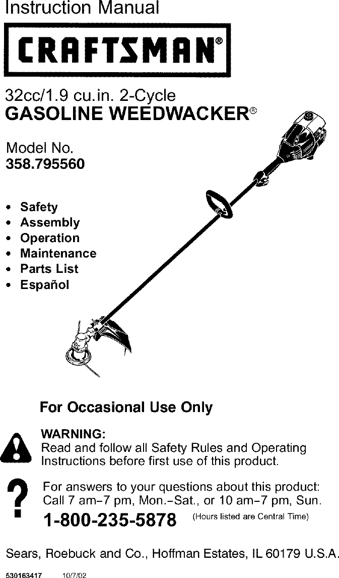 Craftsman 358795560 User Manual SEARS WEEDWACKER Manuals And Guides