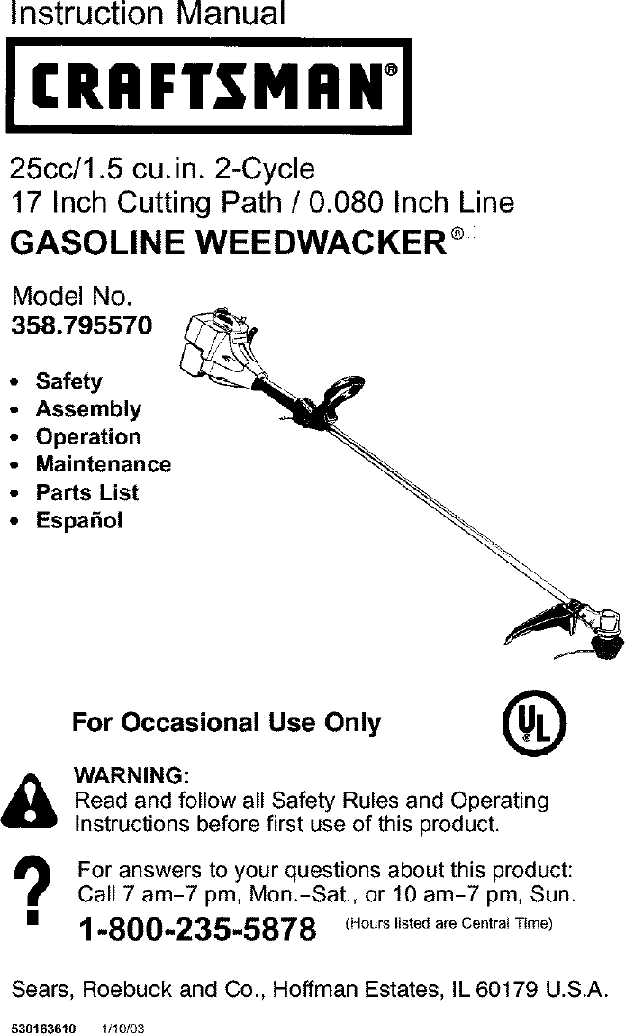 Craftsman 358795570 User Manual LINE TRIMMER/WEEDWACKER Manuals And Guides L0303176