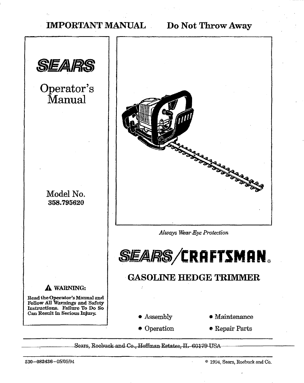 Craftsman 358795620 User Manual HEDGE TRIMMER Manuals And Guides L0709043