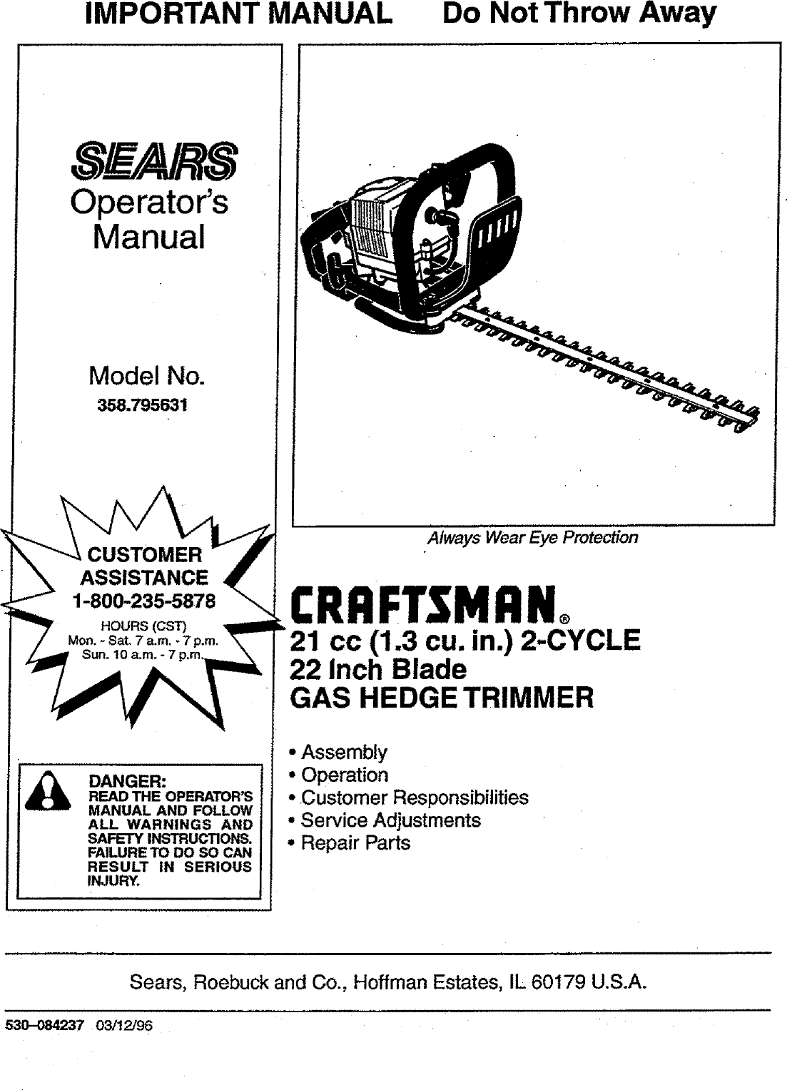 Craftsman 358795631 User Manual HEDGE TRIMMER Manuals And Guides L0706456
