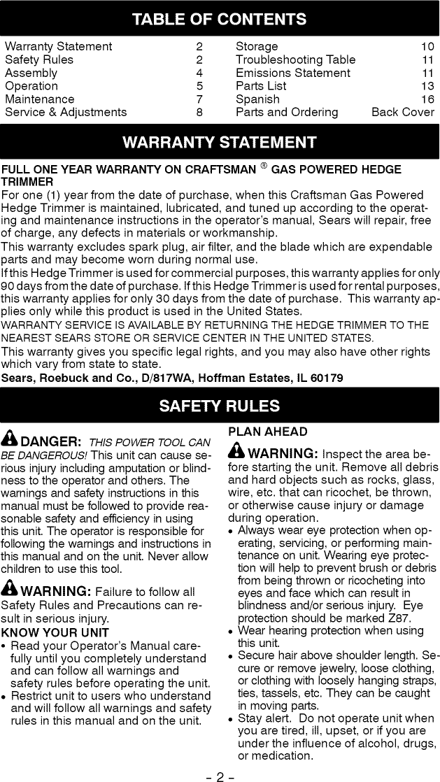 Page 2 of 12 - Craftsman 358795700 User Manual  HEDGE TRIMMER - Manuals And Guides L0810516
