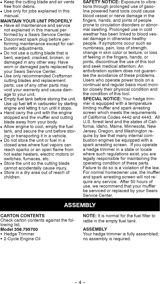 Page 4 of 12 - Craftsman 358795700 User Manual  HEDGE TRIMMER - Manuals And Guides L0810516