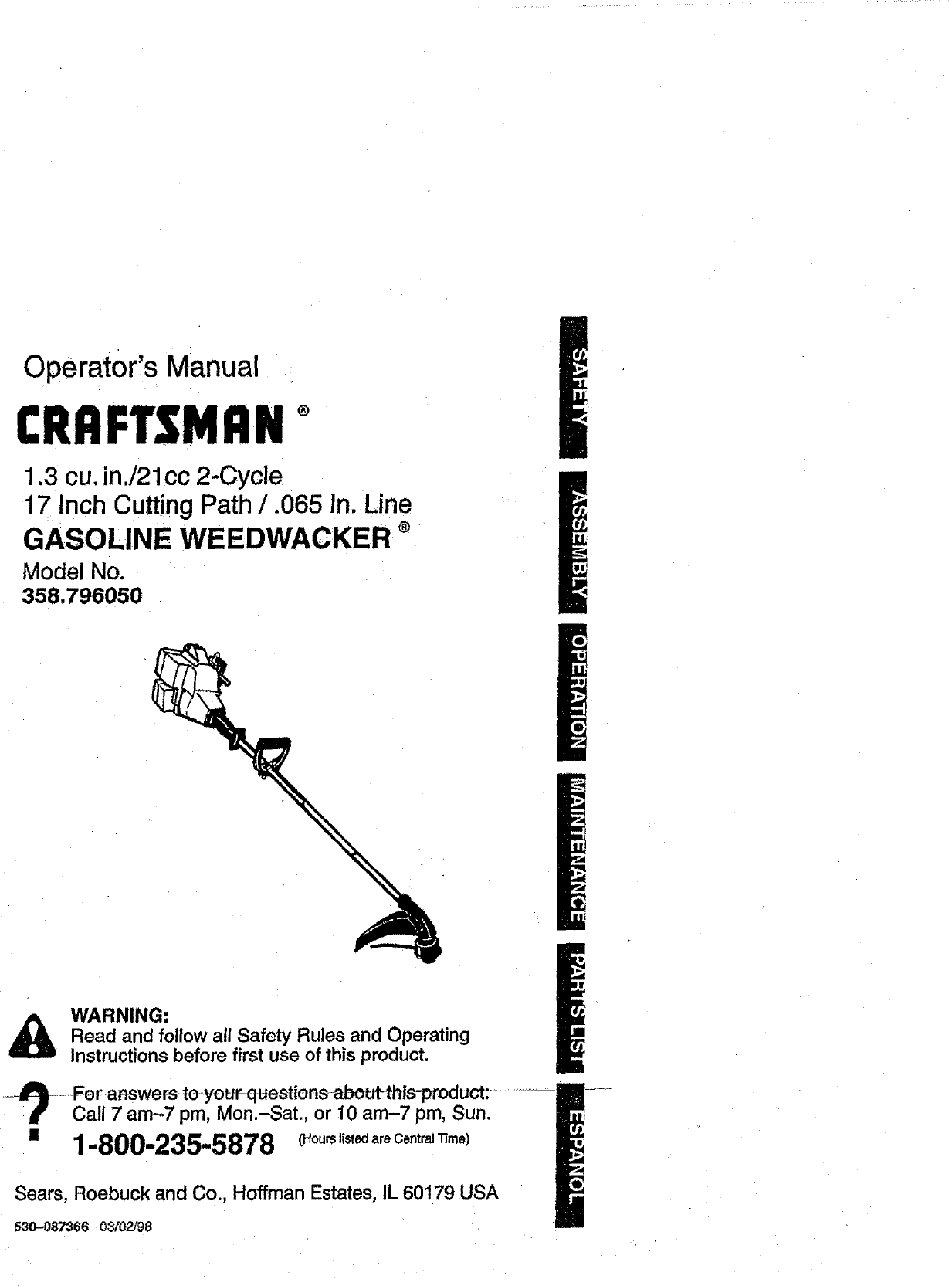 Craftsman 358796050 User Manual WEEDWACKER Manuals And Guides L0806066