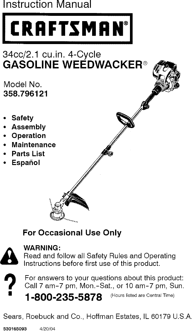 Craftsman 358796121 User Manual WEEDWACKER Manuals And Guides L0706184