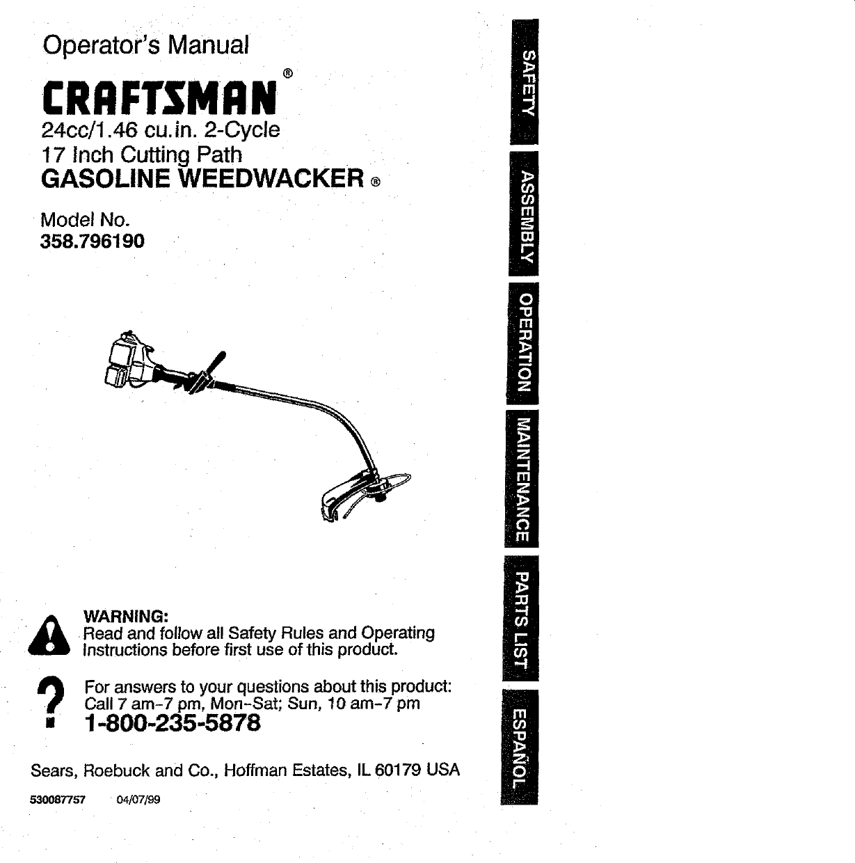 Craftsman 358796190 User Manual WEEDWACKER Manuals And Guides L0805391