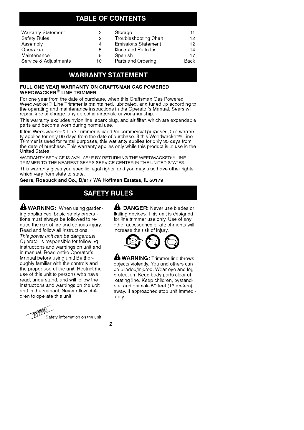 Craftsman 358796260 User Manual WEEDWACKER Manuals And Guides L0609556