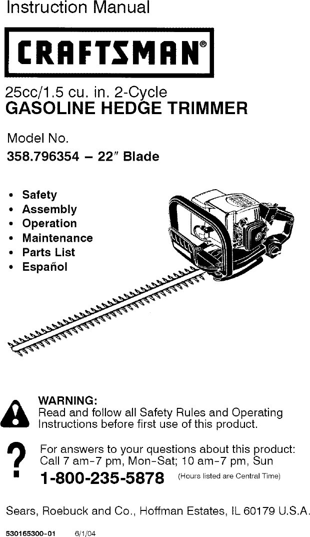 Craftsman 358796354 User Manual HEDGE TRIMMER Manuals And Guides L0406324