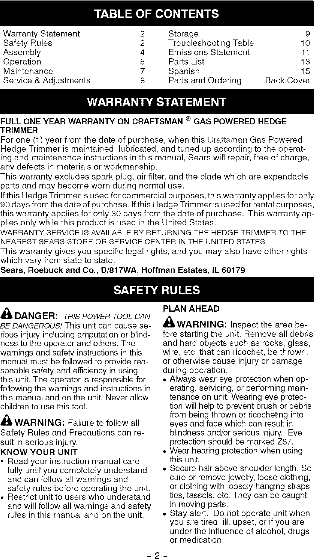 Page 2 of 12 - Craftsman 358796355 User Manual  HEDGE TRIMMER - Manuals And Guides L0504119