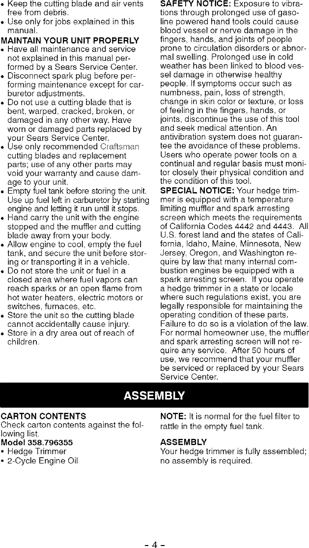 Page 4 of 12 - Craftsman 358796355 User Manual  HEDGE TRIMMER - Manuals And Guides L0504119