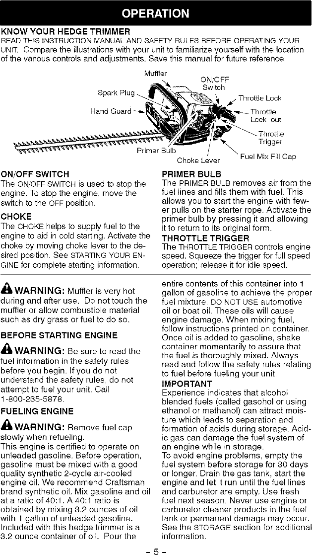 Page 5 of 12 - Craftsman 358796355 User Manual  HEDGE TRIMMER - Manuals And Guides L0504119