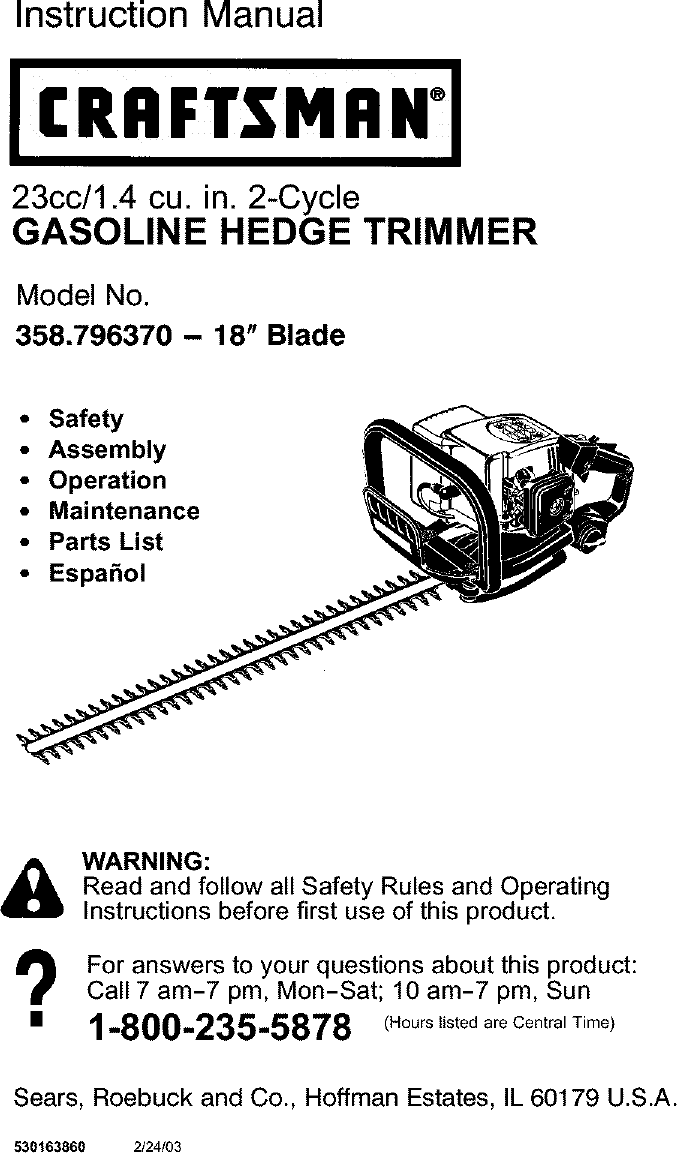 Craftsman 358796370 User Manual HEDGE TRIMMER Manuals And Guides L0304073