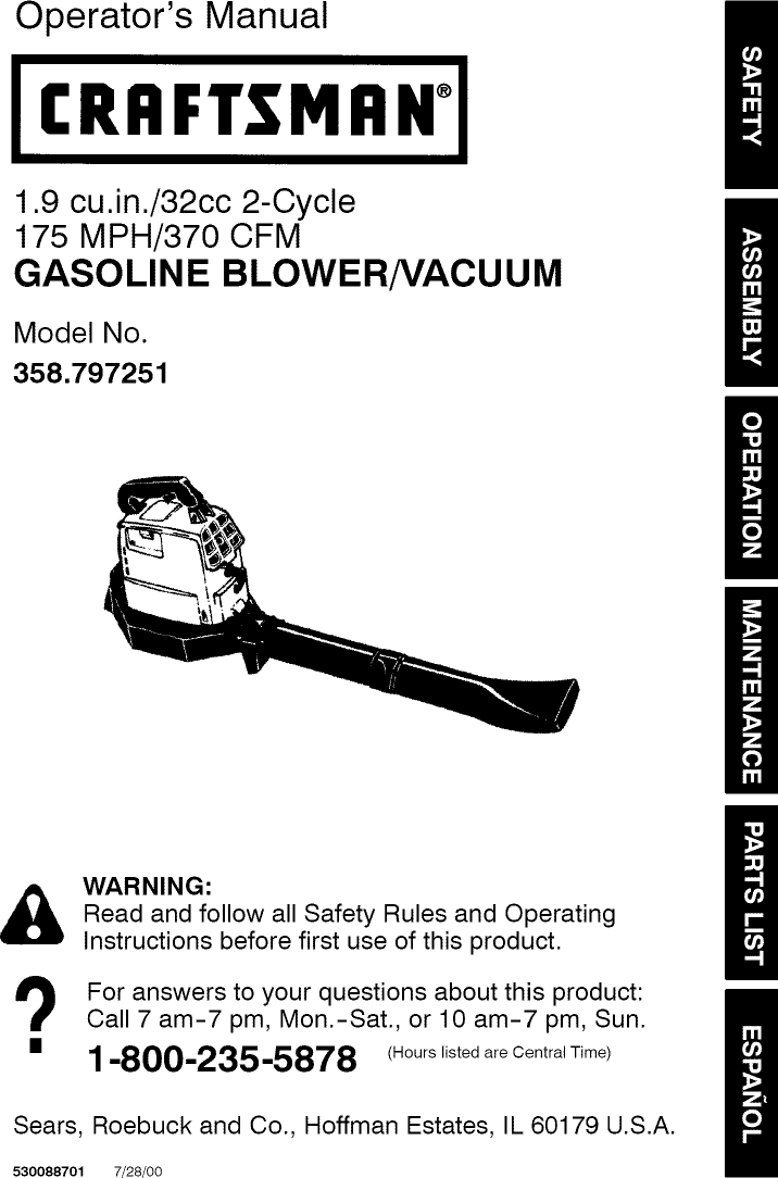 Craftsman 358797251 User Manual GAS BLOWER Manuals And Guides L0809453