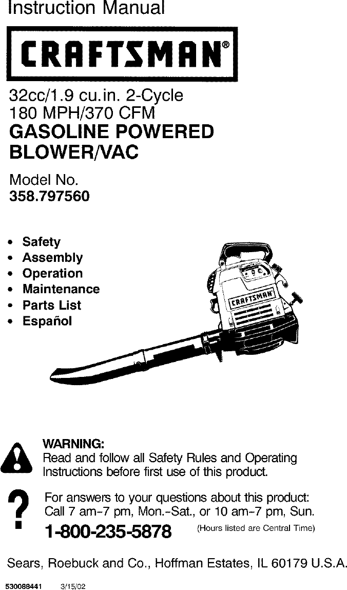 Craftsman 358797560 User Manual BLOWER Manuals And Guides L0212106