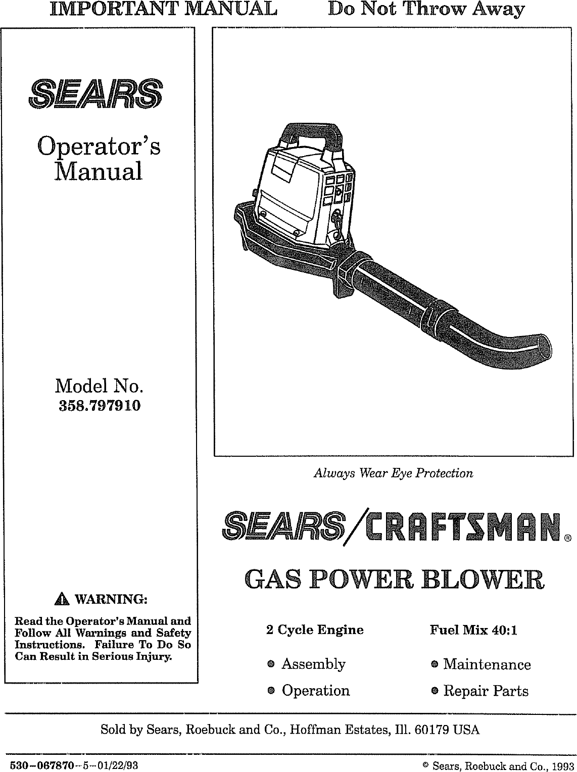 Craftsman 358797910 User Manual BLOWER Manuals And Guides L0807535