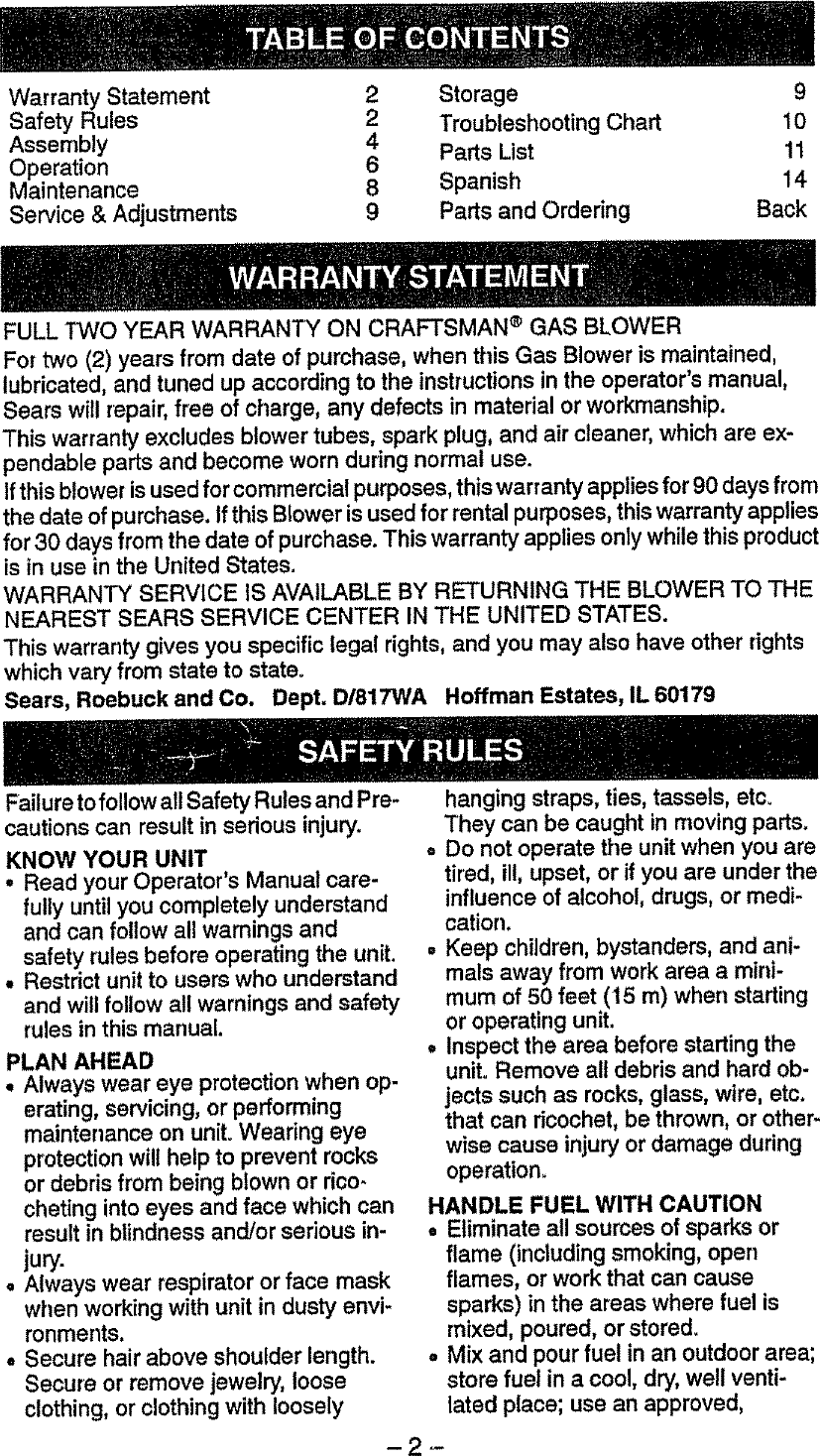 Page 2 of 10 - Craftsman 358797931 User Manual  GAS BLOWER - Manuals And Guides L0806104