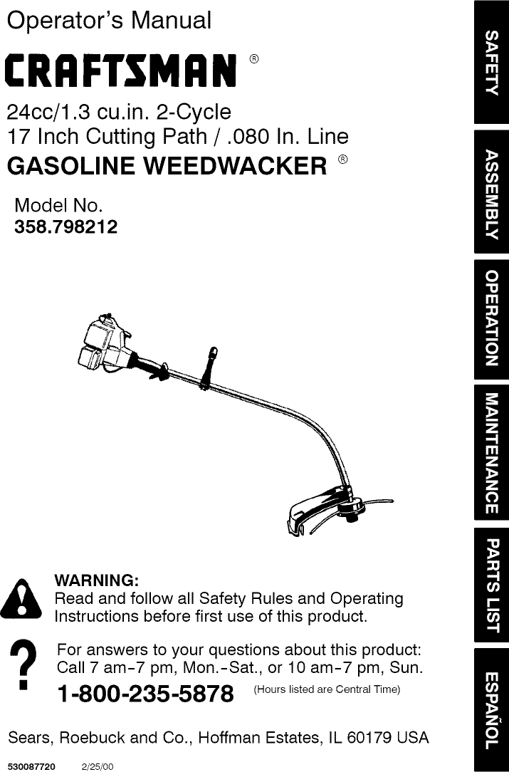 Craftsman 358798212 User Manual POULAN/WEED EATER Manuals And Guides