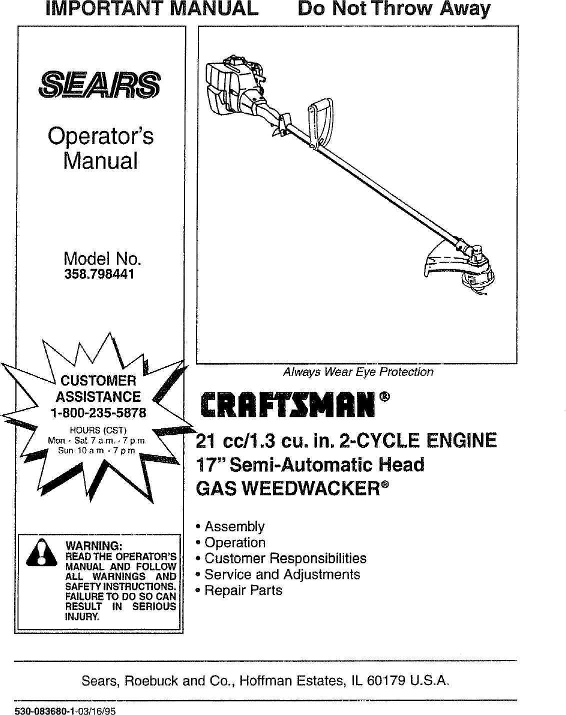 Craftsman 358798441 User Manual WEEDWACKER Manuals And Guides L0806848