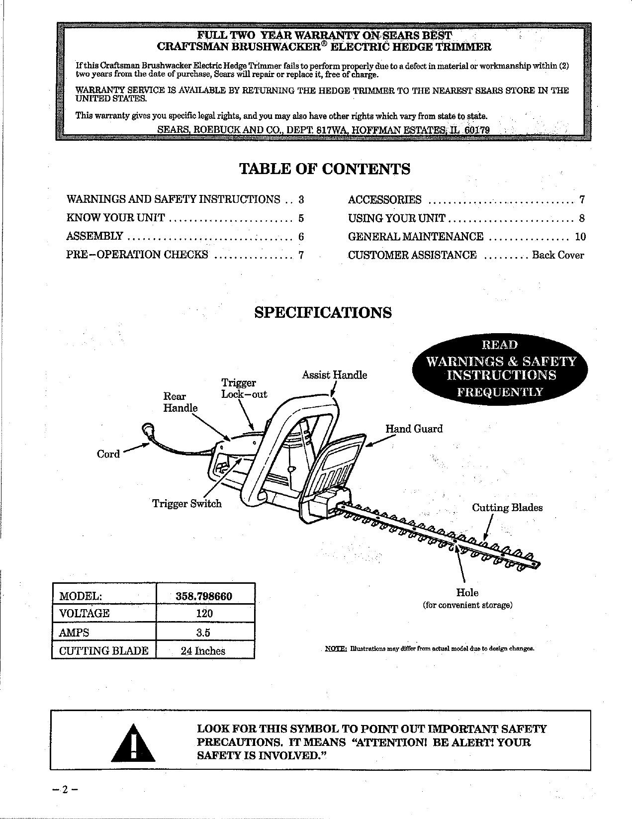 Craftsman 358798660 User Manual HEDGE TRIMMER Manuals And Guides L0807007