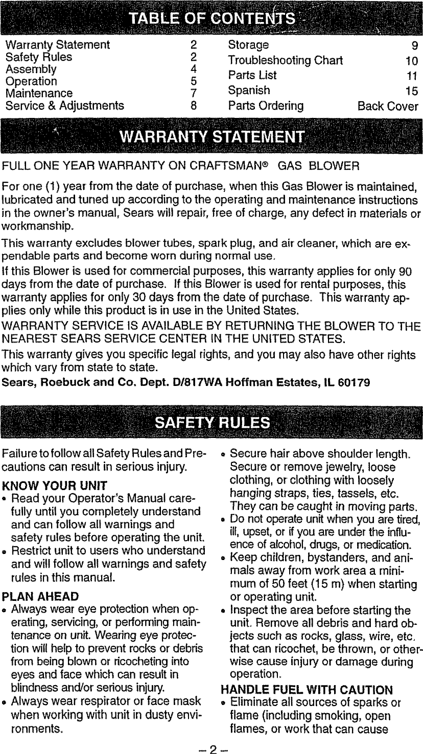 Page 2 of 10 - Craftsman 358798940 User Manual  BLOWER - Manuals And Guides L0810247