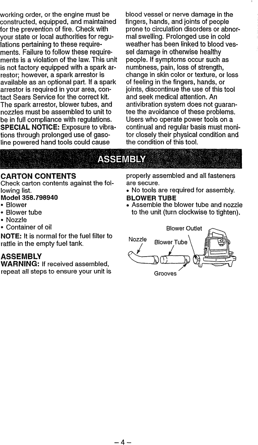 Page 4 of 10 - Craftsman 358798940 User Manual  BLOWER - Manuals And Guides L0810247