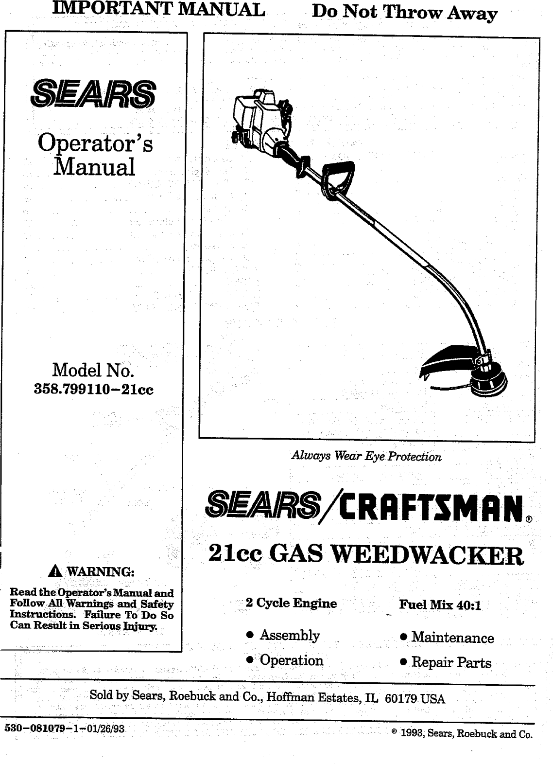 Craftsman 358799110 User Manual WEEDWACKER Manuals And Guides L0904589