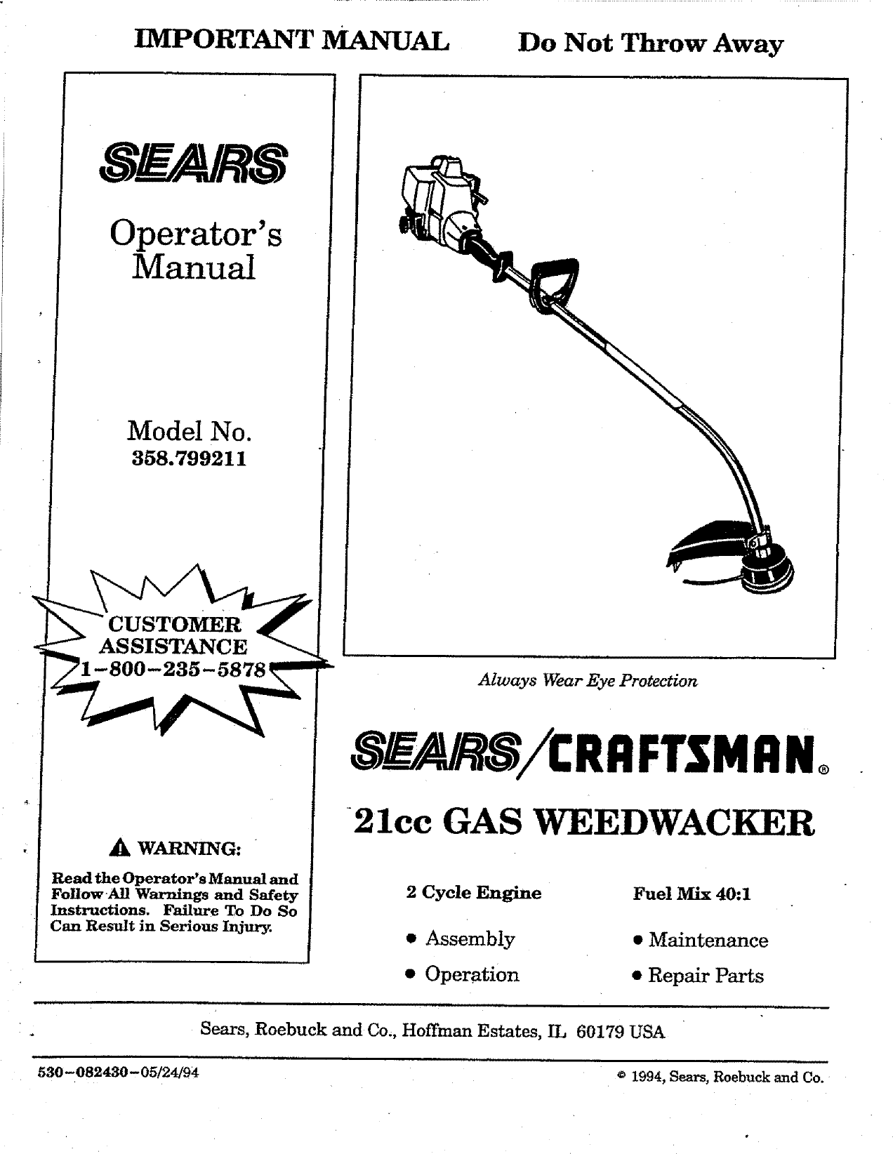 Craftsman 358799211 User Manual WEEDWACKER Manuals And Guides L0606263