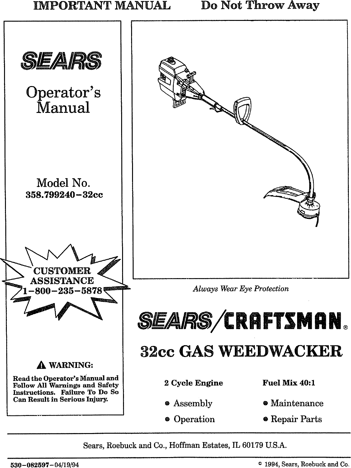 Craftsman 358799240 User Manual WEEDWACKER Manuals And Guides L0806840