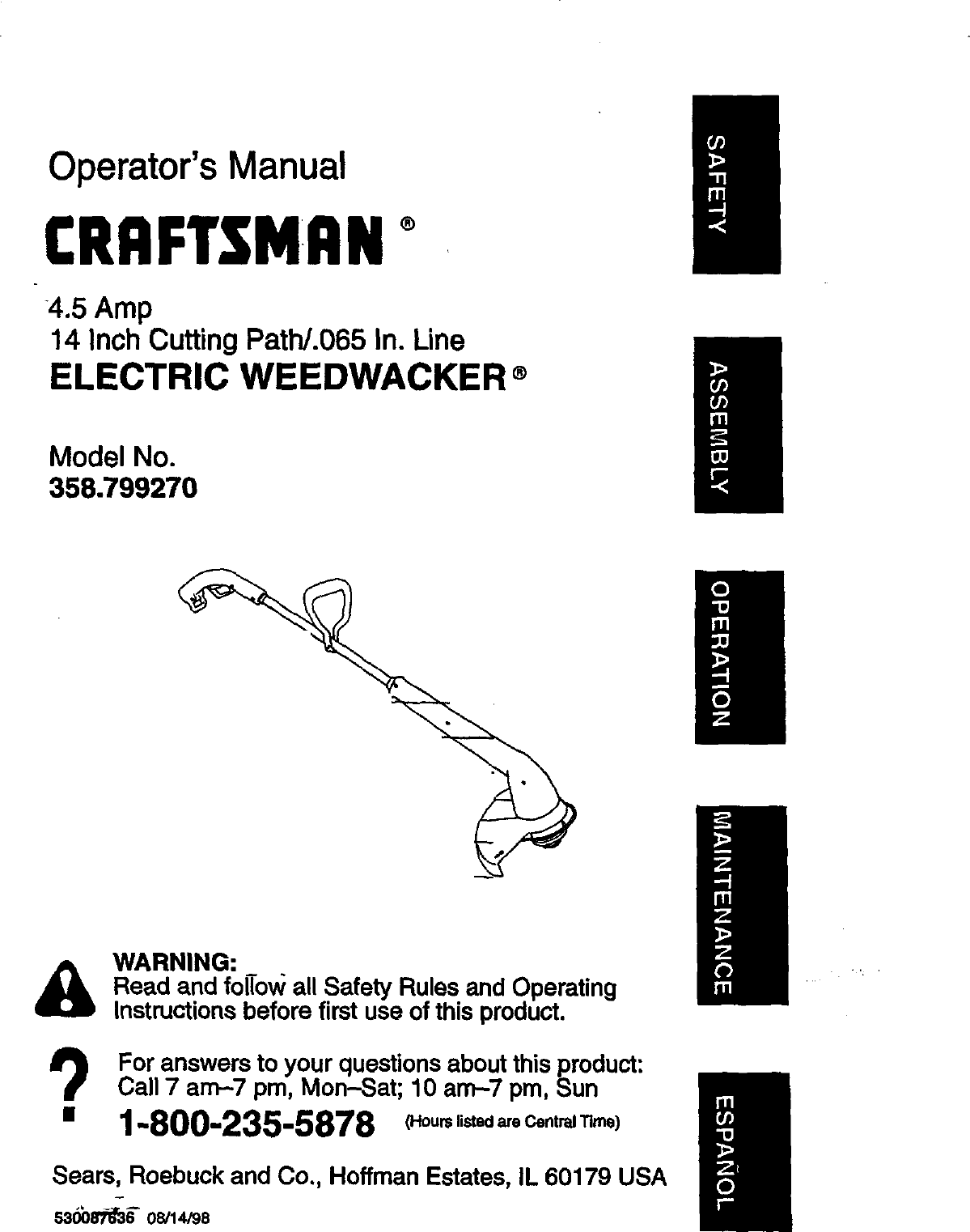 Page 1 of 12 - Craftsman 358799270 User Manual  ELECTRIC WEEDWACKER - Manuals And Guides 98110053