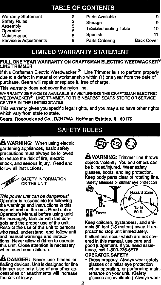 Page 2 of 11 - Craftsman 358799470 User Manual  ELECTRIC WEEDWACKER - Manuals And Guides L0012003