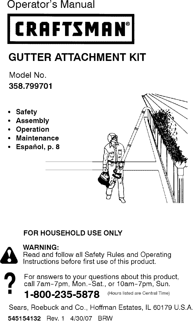 Craftsman 358799701 User Manual GUTTER ATTACHMENT KIT W/ADAPTER Manuals
