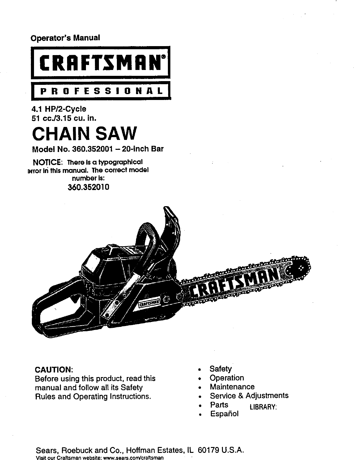 Craftsman 360352010 User Manual Chain Saw Manuals And Guides L9050106