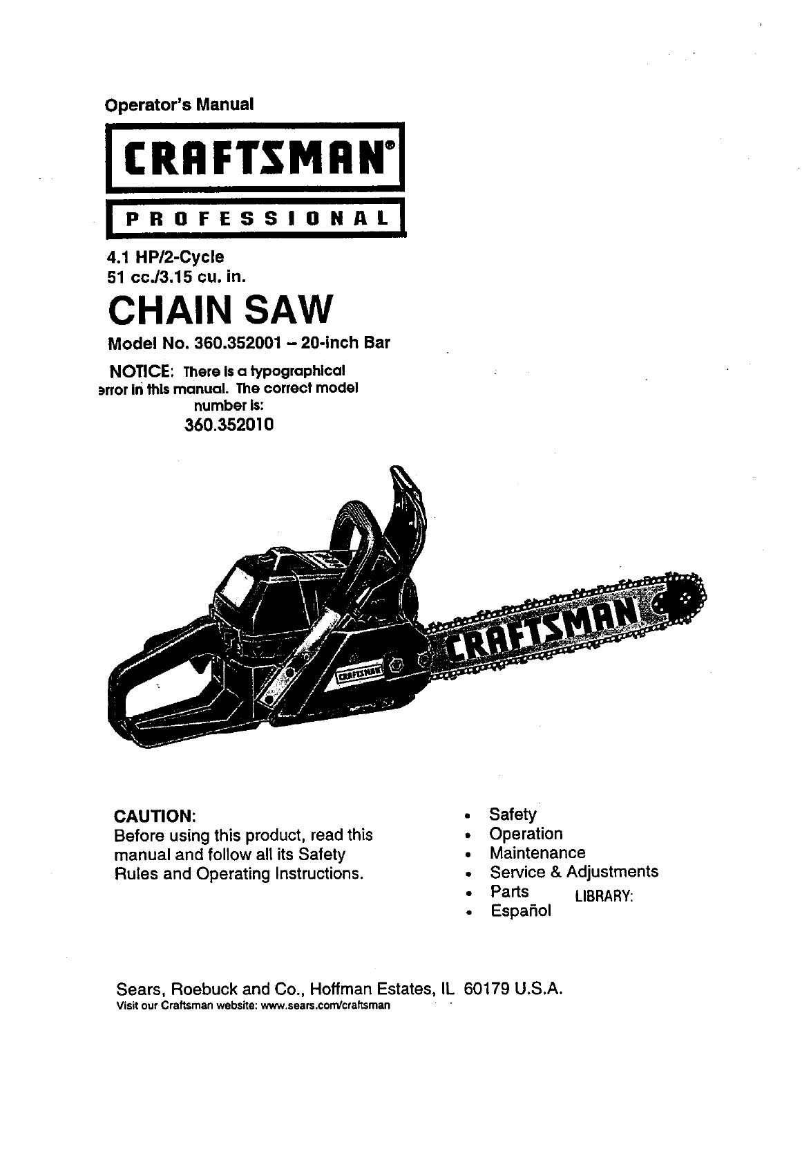 Craftsman 360352010 User Manual Chain Saw Manuals And Guides