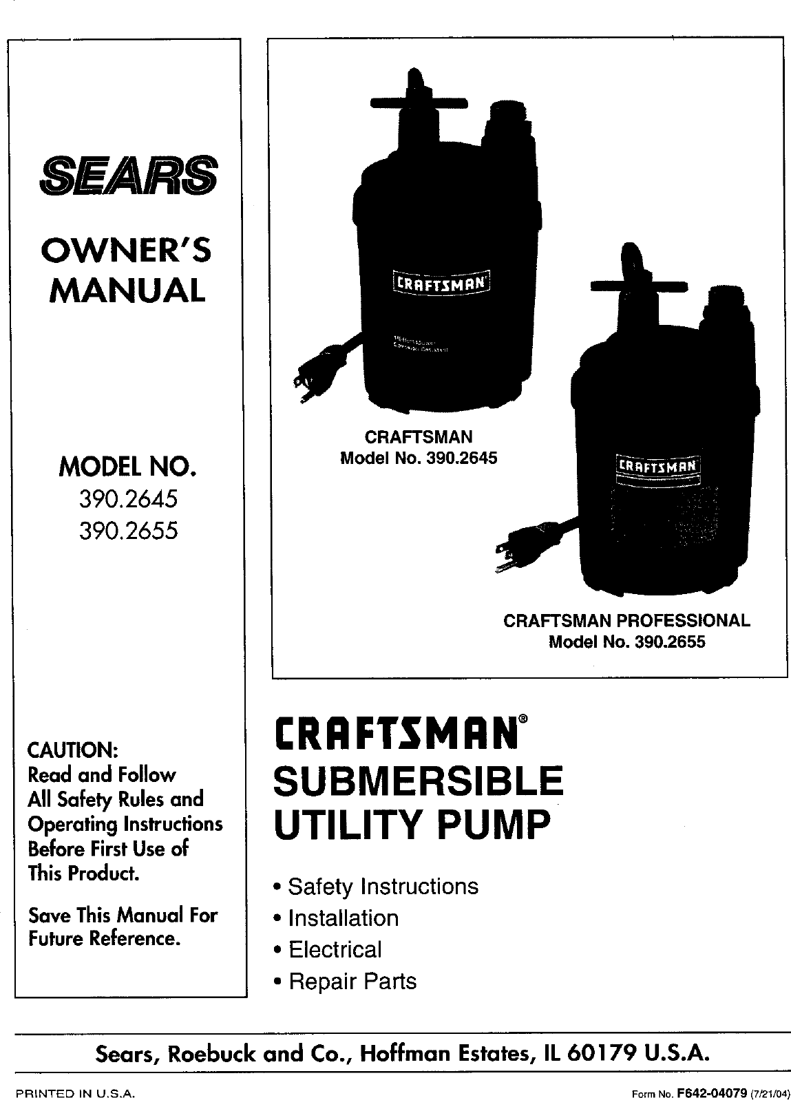 Page 1 of 8 - Craftsman 3902645 User Manual  SUBMERSIBLE PUMP - Manuals And Guides L0521906