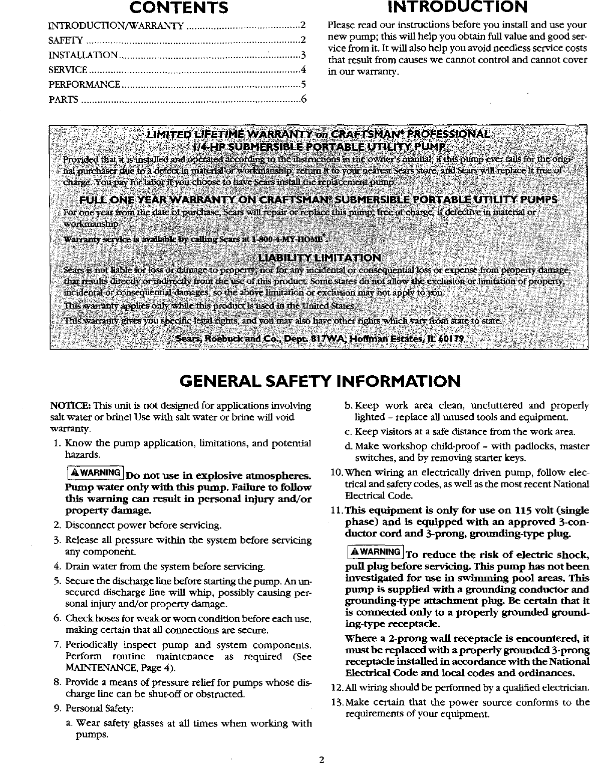 Page 2 of 8 - Craftsman 3902645 User Manual  SUBMERSIBLE PUMP - Manuals And Guides L0521906