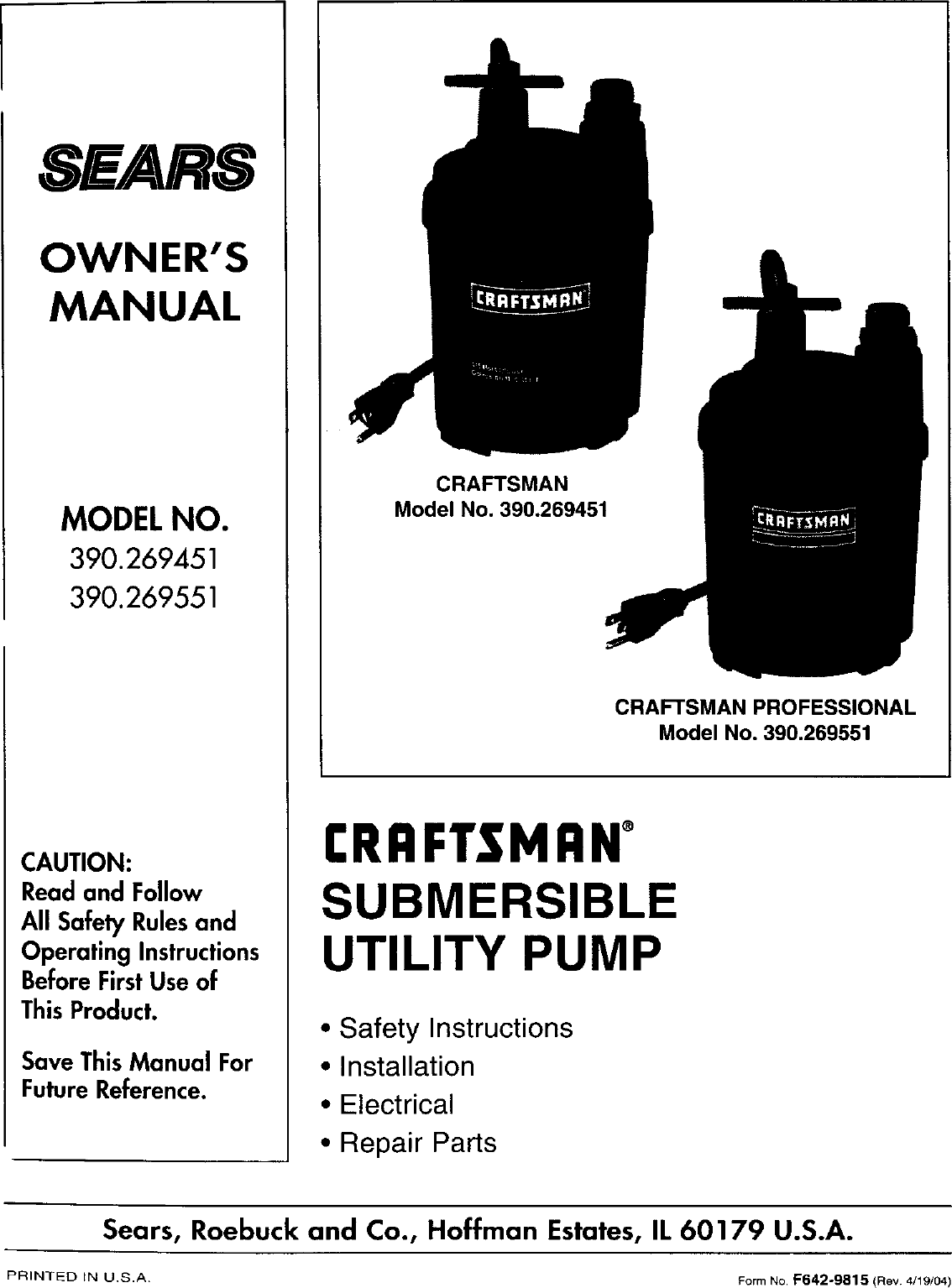 Craftsman 390269451 User Manual SUBMERSIBLE UTILITY PUMP Manuals And