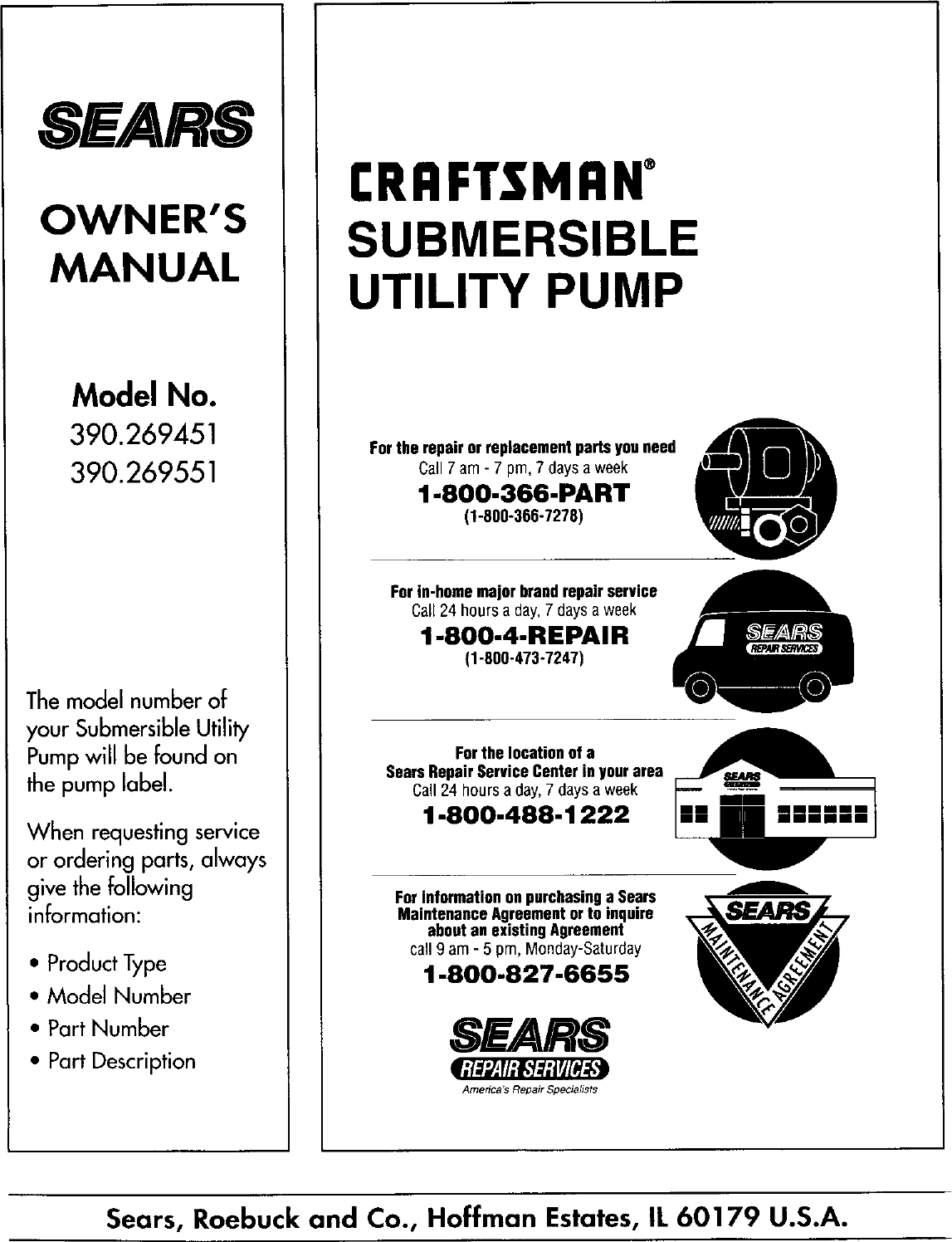 Craftsman 390269451 User Manual SUBMERSIBLE UTILITY PUMP Manuals And