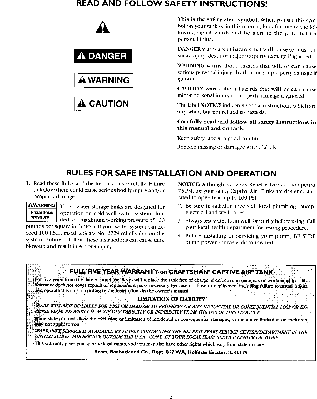 Page 2 of 12 - Craftsman 390291198 User Manual  CAPTIVE AIR TANK - Manuals And Guides L0409598