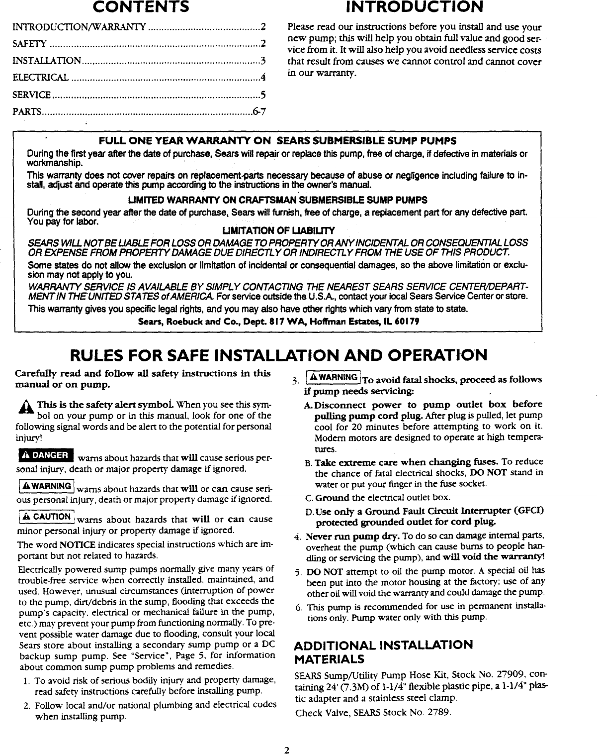 Craftsman 390304551 User Manual SUBMERSIBLE PUMP INTERNAL THREADS