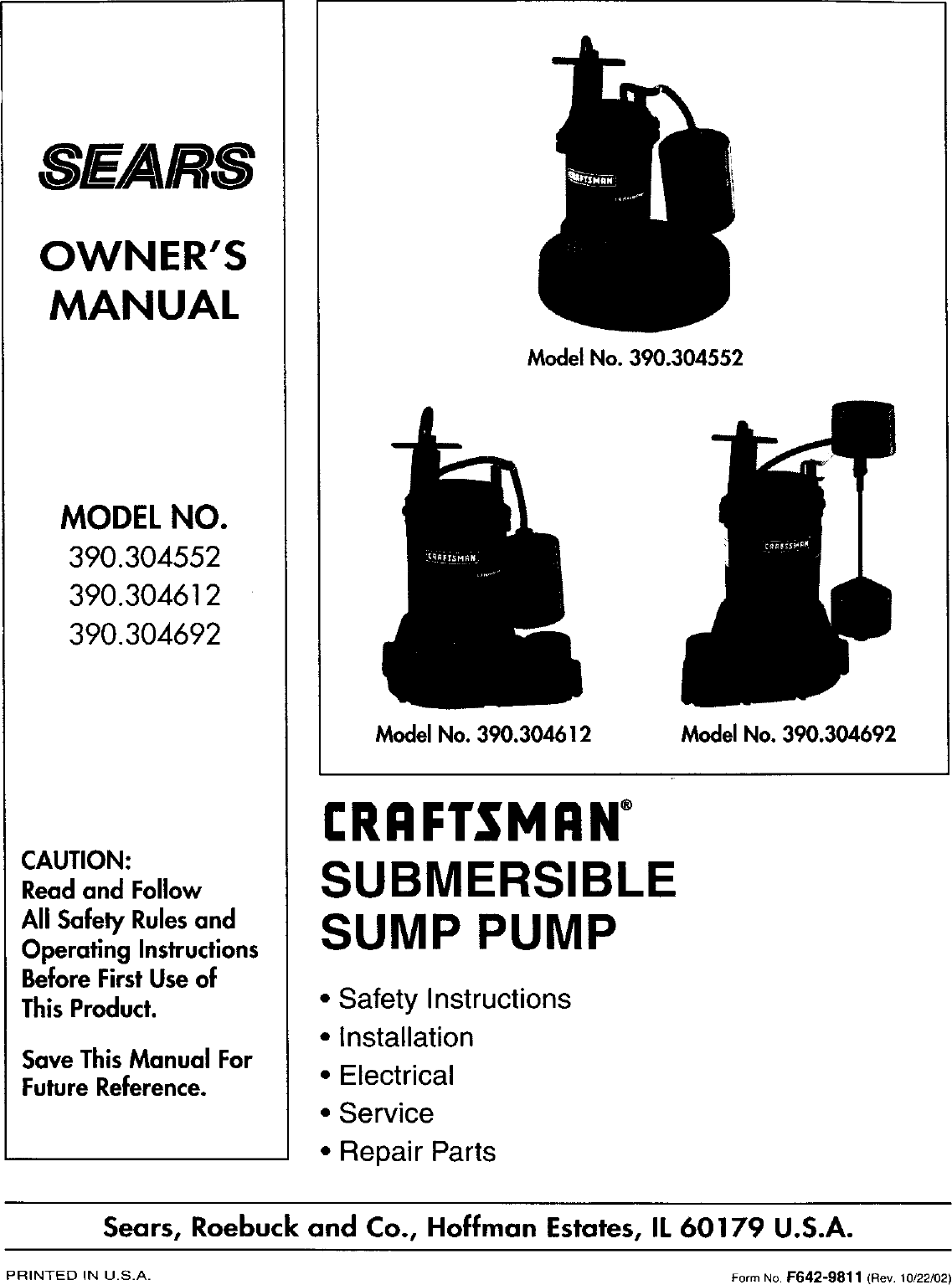 Page 1 of 8 - Craftsman 390304552 User Manual  SUMP PUMP - Manuals And Guides L0305271