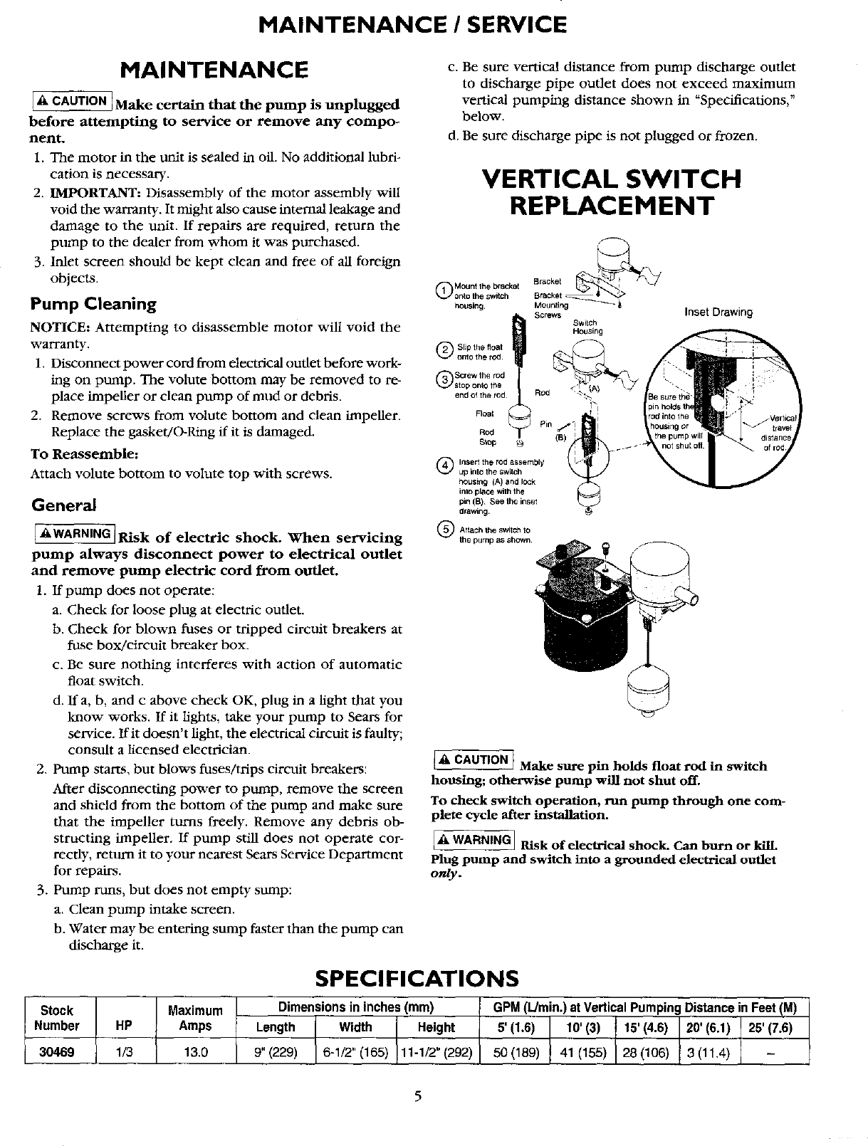 Page 5 of 8 - Craftsman 390304692 User Manual  SUMP PUMP - Manuals And Guides L0521992