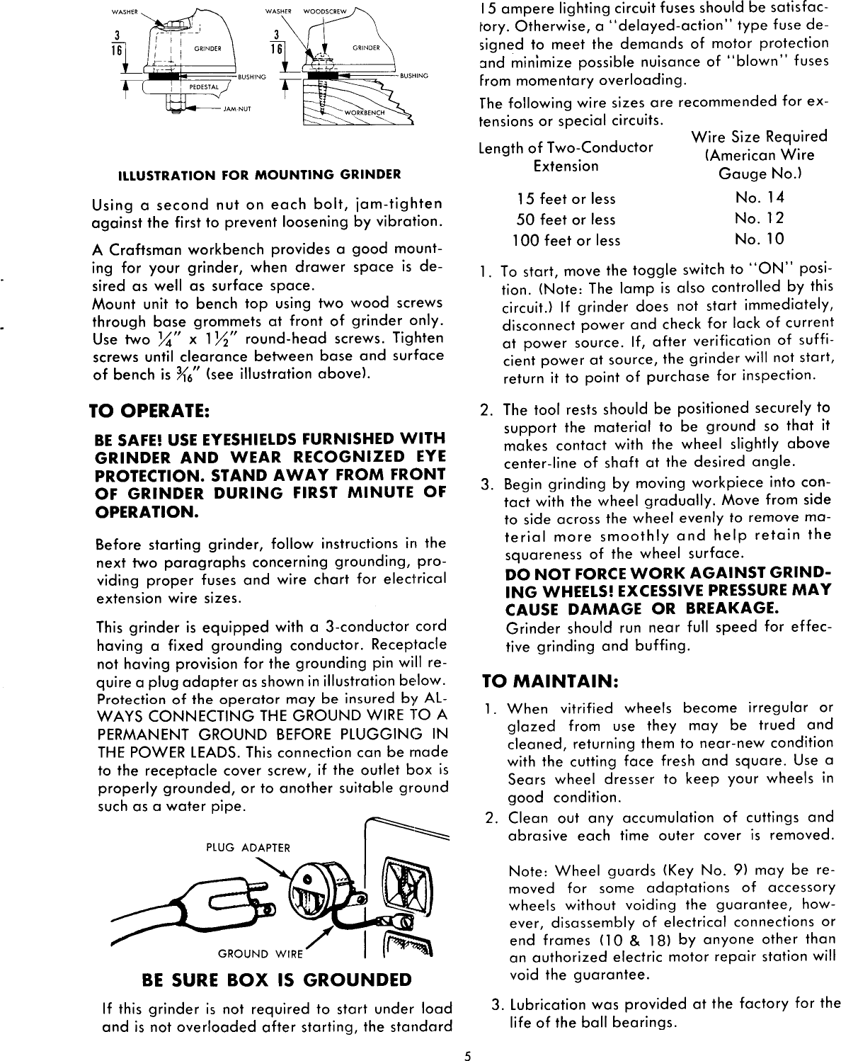 Page 5 of 6 - Craftsman 39719580 User Manual 1/3 H.P. GRINDER - Manuals And Guides L0912099