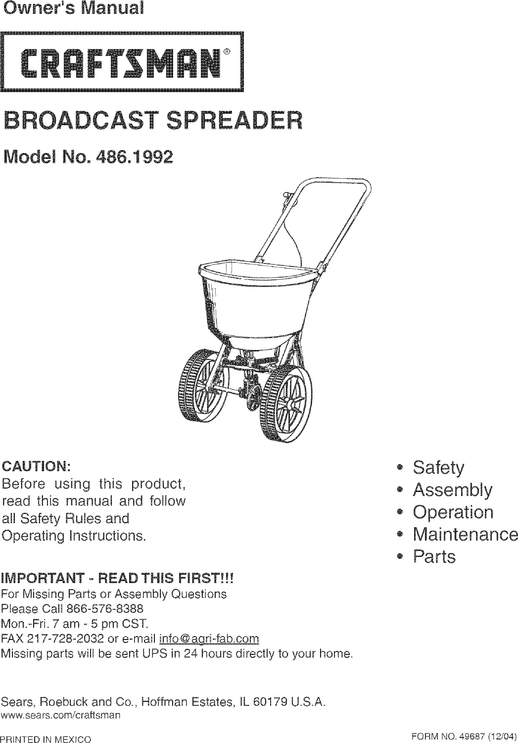 Page 1 of 4 - Craftsman 4861992 User Manual  BROADCAST SPREADER - Manuals And Guides L0503109